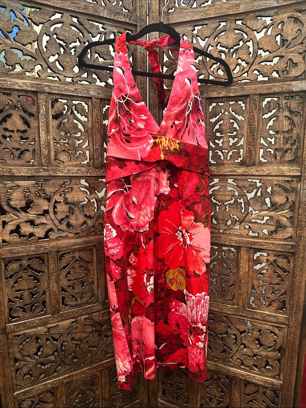 Donna Ricco Red and Pink Floral Halter Midi Dress size 8